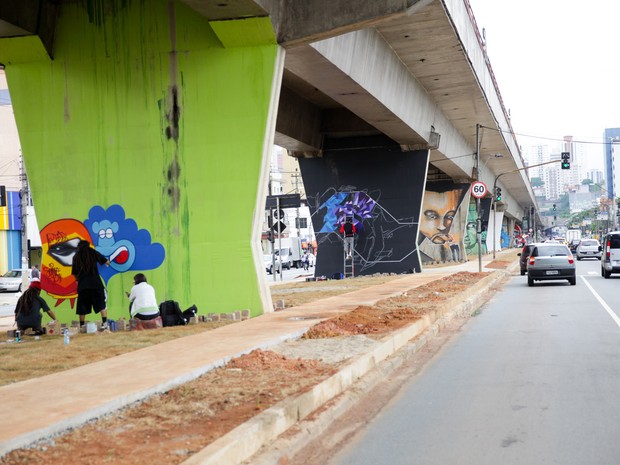 Artistas cobrem com murais de grafite pilastras da Av. Cruzeiro do Sul, na Zona Norte de São Paulo. As obras integram o 2º Museu Aberto de Arte Urbana, iniciativa dos grafiteiros Binho Ribeiro e Chivitz que conta com a participação de mais de 20 artistas. (Foto: Fábio Tito/G1)