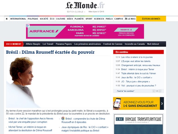 Le Monde considera que o afastamento é &#39;fim de jogo&#39;  para Dilma Rousseff (Foto: Reprodução/G1)