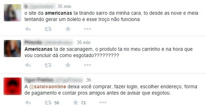 Pessoas no Twitter reclamam de erro em sites de lojas (Foto: Reprodução/Twitter)