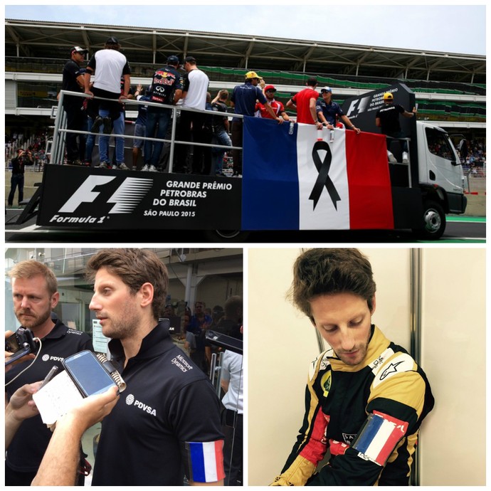 Fórmula 1 e Romain Grosjean prestaram homenagens às vítimas da tragédia em Paris (Foto: Montagem sobre fotos de Getty e Divulgação) Fórmula 1 e Romain Grosjean prestaram homenagens às vítimas da tragédia em Paris (Foto: Montagem sobre fotos de Getty e Divulgação)