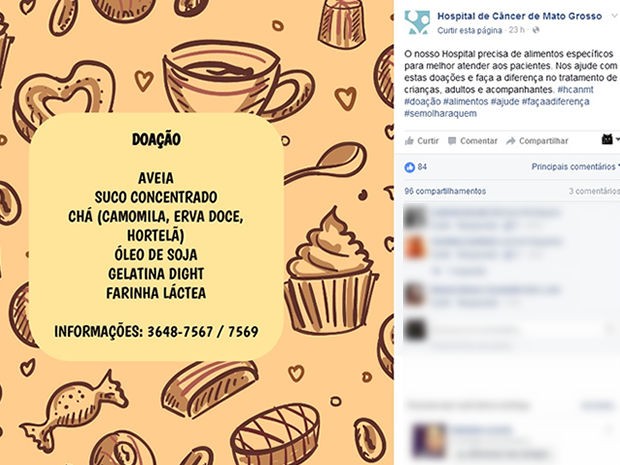 Campanha pede alimentos para pacientes nas redes sociais (Foto: Reprodução/ Facebook)