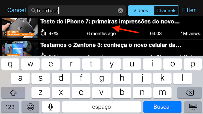 Buscando um vídeo para baixar para o iPhone com o app Tube for YouTube (Foto: Reprodução/Marvin Costa)