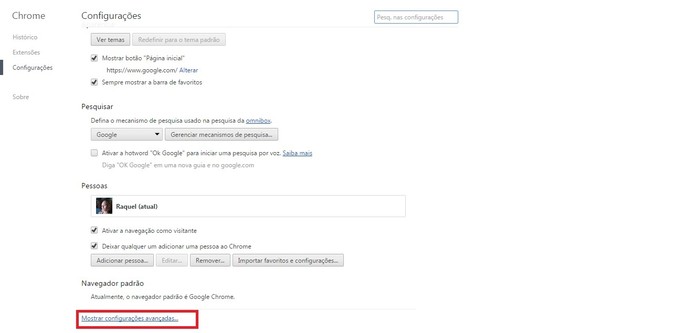 Link Mostrar configurações avançadas... do Chrome em destaque (Foto: Reprodução/Raquel Freire)