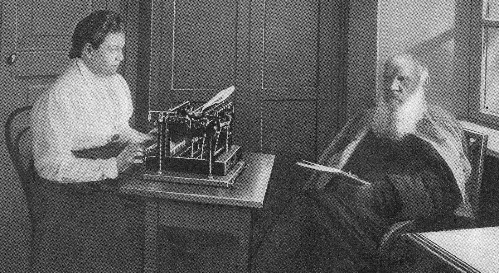 O russo Liev Tolstói preferia a escrita à mão, em vez das modernas - na época dele - máquinas de escrever. Nesta foto restaurada do início dos anos 1900, ele dita para a sua filha Alexandra Tolstaya, que datilografa (Foto: Reprodução)