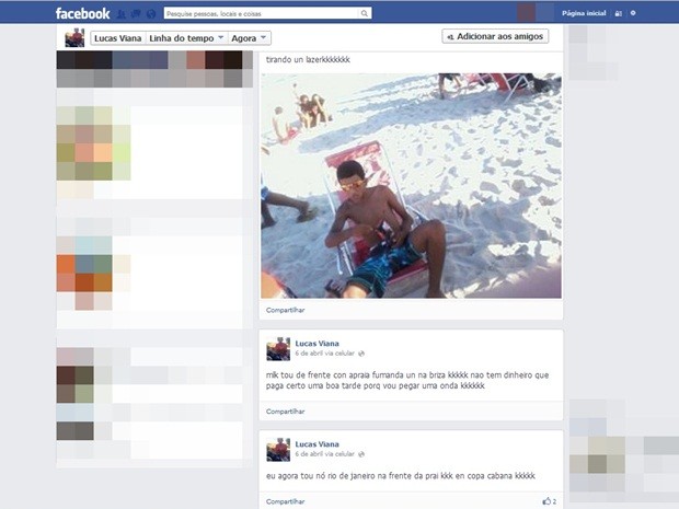 Página de Lucas na rede social mostra ele sentado na praia (Foto: Reprodução/Facebook)