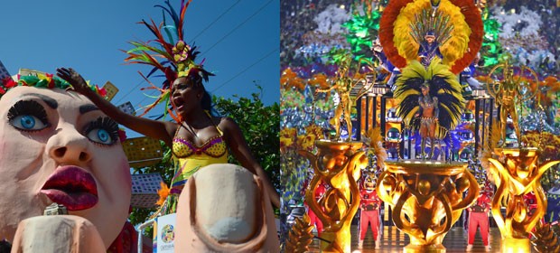 Carnaval de Barranquilla e escola de samba do Rio, em desfiles de março deste ano (Foto: AFP/Rodrigo Gorosito/G1)