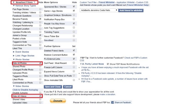 Destaque para opções de filtros do feed, chamados Newsfeed Filters (Foto: Reprodução/Raquel Freire)