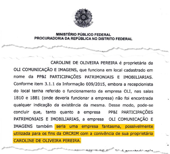 Documento que tem informações de que a empresa de Carolina Oliveira, seria uma empresa fantasma  (Foto: Reprodução)