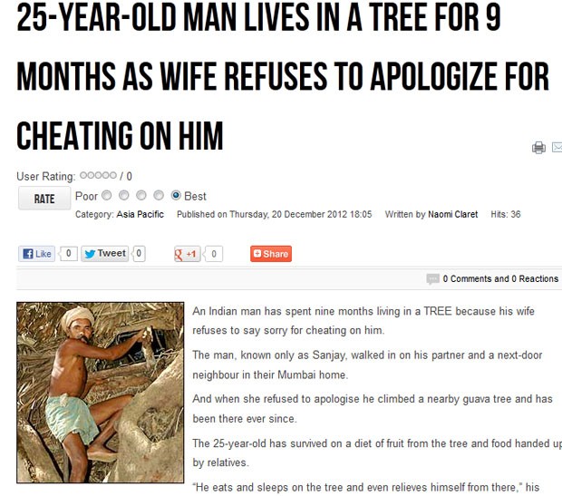 Homem vive em árvore após ter sido traído (Foto: Reprodução)
