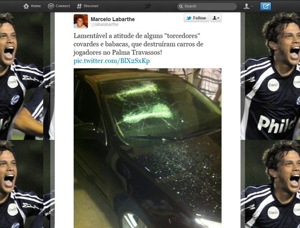 Jogador do Comercial posta foto de carro apedrejado no estádio Palma Travassos (Foto: Reprodução / Twitter)
