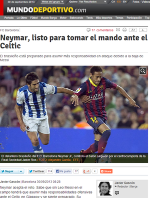 Jornal Mundo Deportivo escreve sobre Neymar (Foto: Reprodução / Mundo Deportivo)