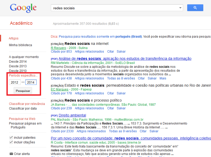 Pesquisa de resultados por data no Google Acadêmico (Foto: Reprodução/Lívia Dâmaso)