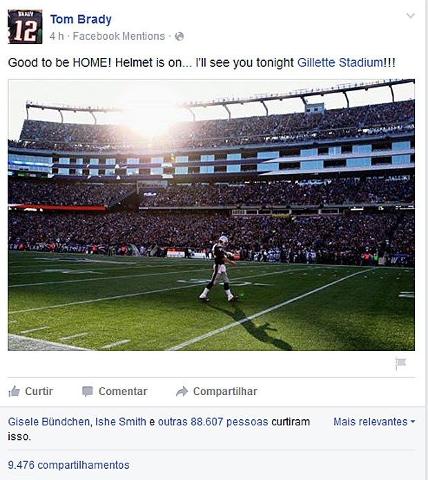 Gisele curte foto do marido, Tom Brady, no Facebook (Foto: Facebook/Reprodução)