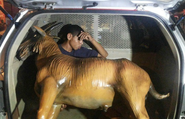 Animal de acrílico é utilizado como decoração em praça que simula ambiente de fazenda (Foto: Polícia Militar/Divulgação)
