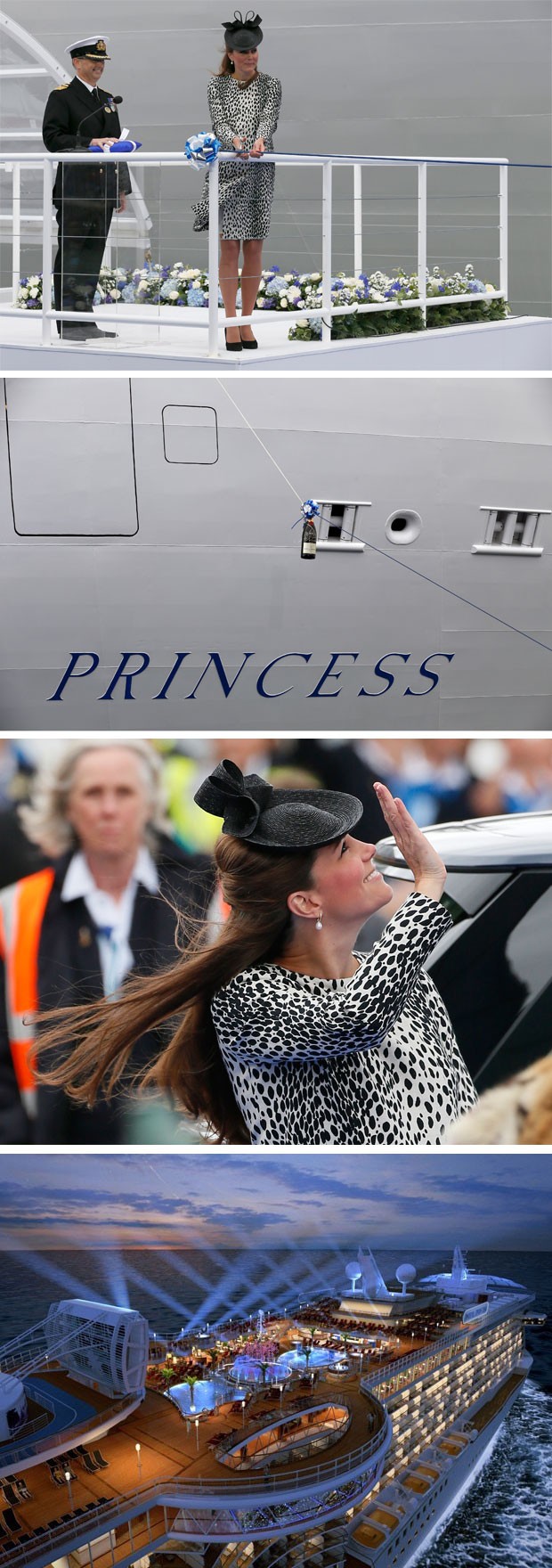 Kate cortou a fita que fez a garrafa de champanhe se espatifar contra o casco do &#39;Royal Princess&#39;. Na foto mais de baixo, uma ilustração mostra como deve ficar o deque do cruzeiro quando iluminado à noite (Foto: Reuters e Princess Cruises)