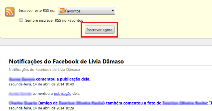 Link do RSS da página de notificações do Facebook (Foto: Reprodução/Lívia Dâmaso)