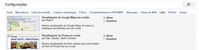 Gmail Labs tem várias funções que oferecem prévia de serviços do Google (Foto: Reprodução/Raquel Freire)