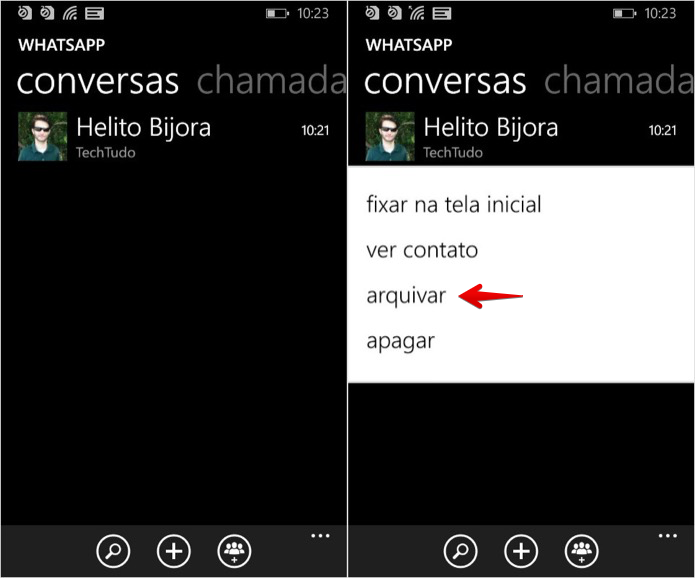 Arquivando uma conversa no Windows Phone (Foto: Reprodução/Helito Bijora)