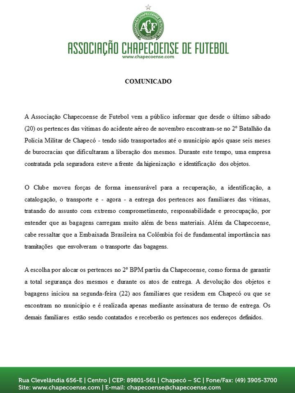 Chapecoense divulga nota informando que tratou assunto com responsabilidade (Foto: Reprodu&ccedil;&atilde;o/G1)