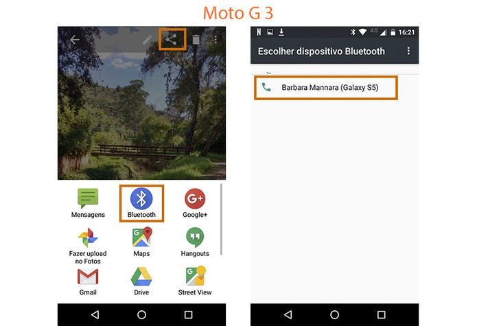 No Moto G 3 faça o envio do arquivo ou foto que preferir por Bluetooth para o segundo aparelho (Foto: Reprodução/Barbara Mannara)