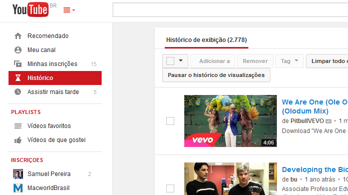 Historico do YouTube (Foto: Reprodução/Edivaldo Brito)