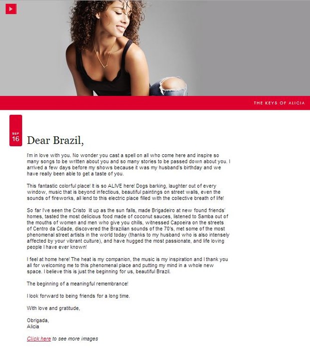 Alicia Keys publica carta em seu site (Foto: Site Oficial / Reprodução)