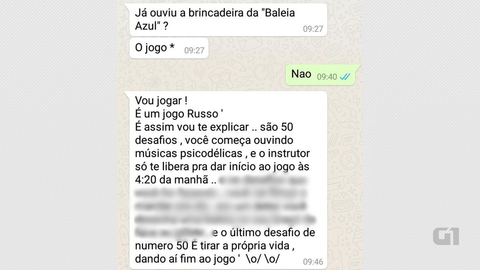 Mensagens trocadas por alunos de escola da zona sul de João Pessoa no WhatsApp explicam como funciona o jogo (Foto: Arnaldo Sobrinho/PMPB/Reprodução/Whatsapp)