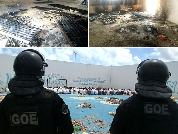 Em Alcaçuz, várias grades e portões foram arrancados das paredes; um dos pavilhões ficou completamente destruído (Foto: GOE/Grupo de Operações Especiais)