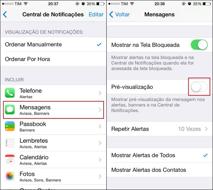 Desativando pré-visualização de SMS (Foto: Reprodução/Helito Bijora)