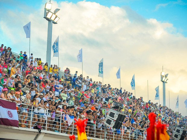 Arquibancanda vibrou com o desfile da MUG, mesmo com o dia amanhecendo. (Foto: Weliton Aiolfi/ G1)