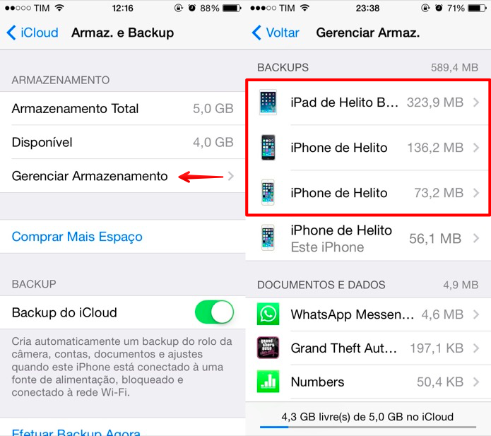 Lista de backups armazenados no iCloud (Foto: Reprodução/Helito Bijora)
