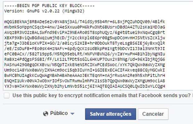 Campo no Facebook para usuários inserirem chaves de comunicação segura. (Foto: Reprodução/Facebook)