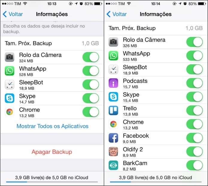 Lista de aplicativos com backup no iCloud (Foto: Reprodução/Helito Bijora)