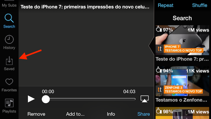 Opção para acessar a tela de vídeos baixados no Tube for YouTube (Foto: Reprodução/Marvin Costa)