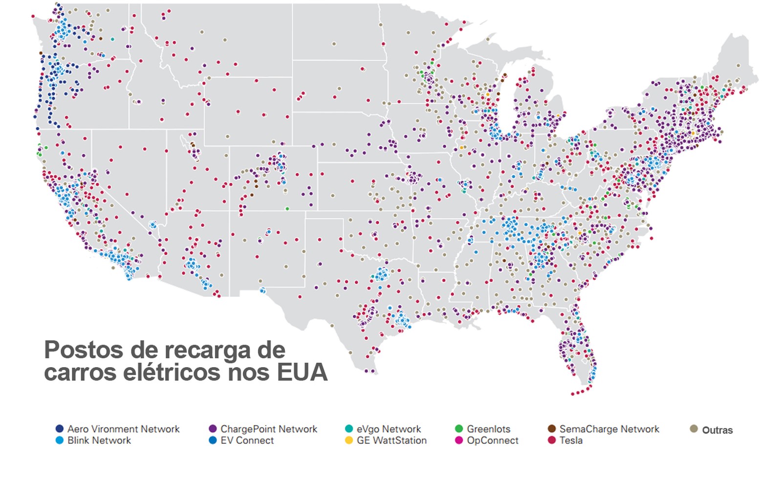Postos de recarga de carros elétricos nos EUA se concentram nas duas costas (Foto:  G1)