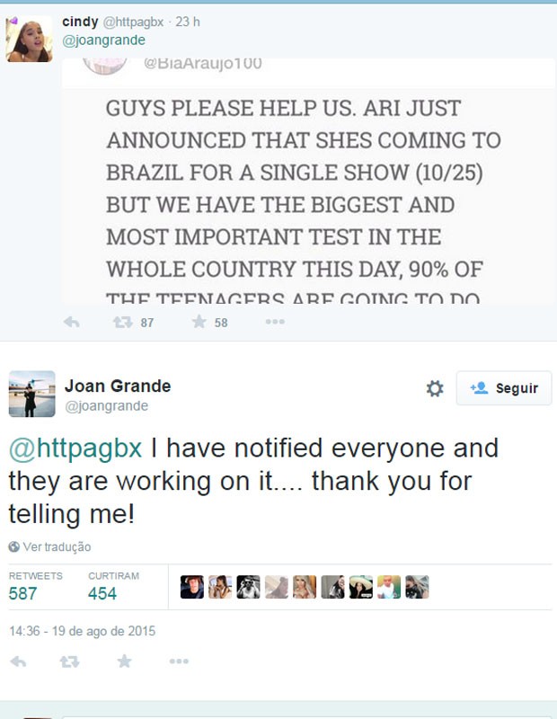 No Twitter, mãe da cantora respondeu fã que pedia apoio à mudança da data do show. (Foto: Reprodução/Twitter) No Twitter, mãe da cantora respondeu fã que pedia apoio à mudança da data do show. (Foto: Reprodução/Twitter)