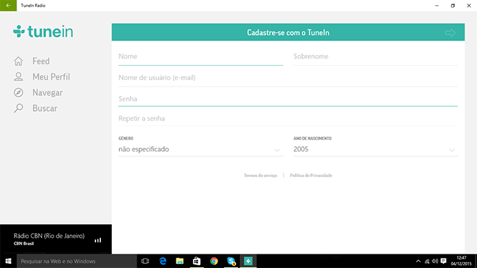 TuneIn para PC também pode ter cadastro independente fornecido pelo usuário (Foto: Reprodução/Elson de Souza)