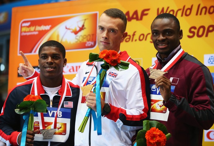 Pódio da disputa dos 60m no Mundial Indoor de Sopot em 2014. Jamaica não figurou entre homens (Foto: Getty Images)