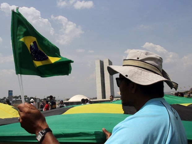 Manifestante segura bandeira em ato contra Dilma em Brasília (Foto: Vianey Bentes/TV Globo)