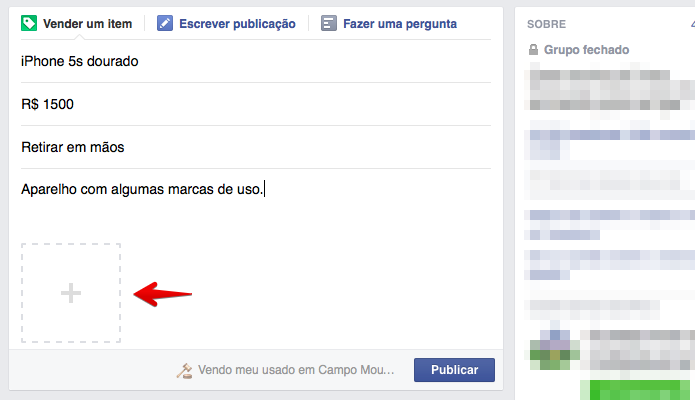Clique sobre o botão para adicionar fotos (Foto: Reprodução/Helito Bijora)