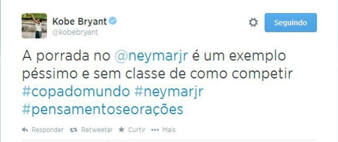 kobe bryant condena entrada de colombiano em neymar (Foto: Reprodução/Twitter) kobe bryant condena entrada de colombiano em neymar (Foto: Reprodução/Twitter)