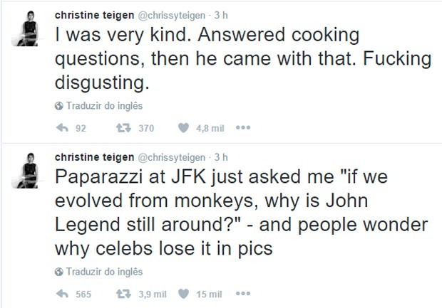 Chrissy Teigen diz que John Legend foi chamado de macaco por fotógrafo -  Quem