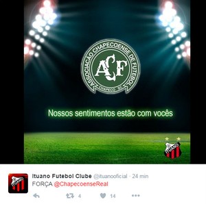 Ituano FC também lamentou nas redes sociais o acidente envolvendo avião do time catarinense (Foto: Reprodução/Twitter)