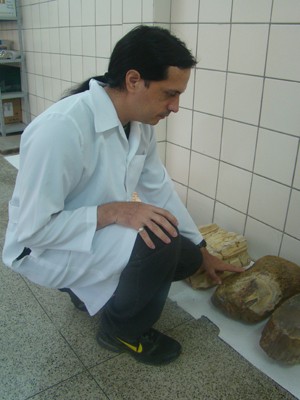 Paleontólogo exibe outros fósseis já encontrados no mesmo parque (Foto: Patrícia Andrade/G1)