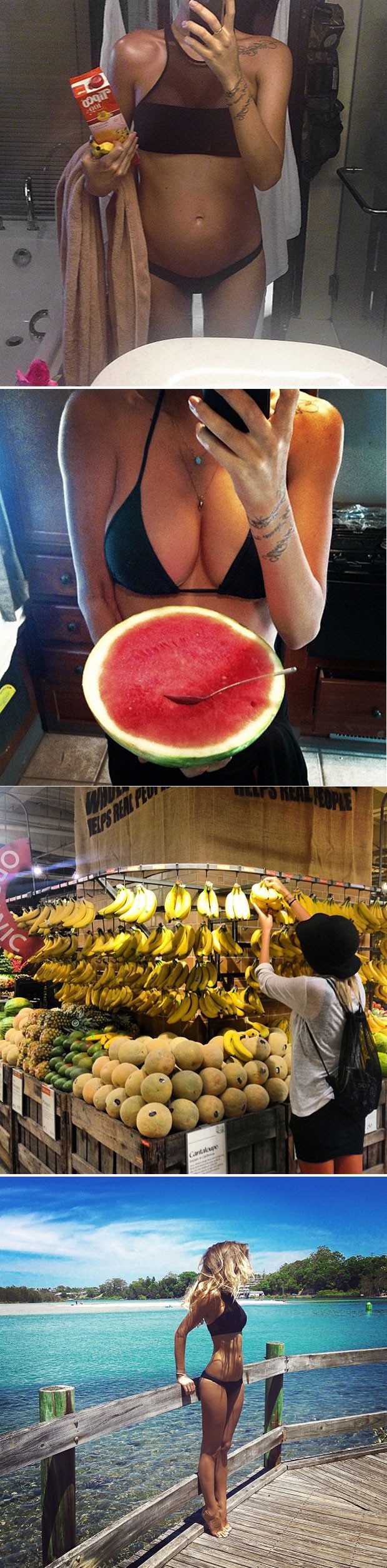 Imagens do Instagram de Loni mostram a jovem grávida, com uma melancia, comprendo bananas e antes da gravidez. (Foto: Reprodução/Instagram/lonijane)