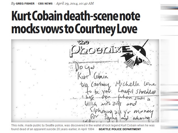 A polícia de Seattle revelou na terça-feira (29) um bilhete encontrado na carteira de Kurt Cobain após seu suicídio em 1994 (Foto: Reprodução/CBS News)