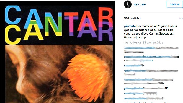 Gal Costa publicou a foto da capa de um dos seus discos, feita por Rogério Duarte, em homenagem ao artista. Bahia (Foto: Reprodução/ Instagram)