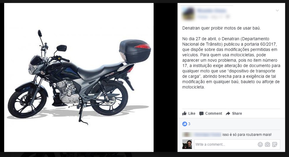 Pessoas passaram a compartilhar portaria como se ela proibisse qualquer moto de portar baú (Foto: Reprodução/Facebook)