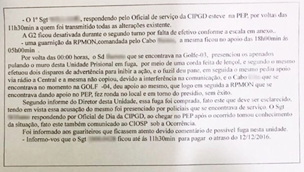 Relatório feito pela guarda da penitenciária  (Foto: Reprodução/G1)