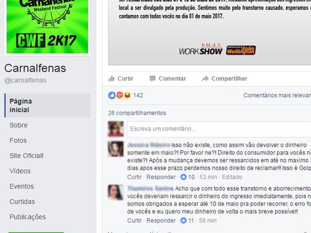 Organização anunciou que ressarcimento do dinheiro de ingressos vai acontecer após nova data de festival em Alfenas, MG; público não aprovou (Foto: Reprodução/Facebook/Carnalfenas Weekend Festival) Organização anunciou que ressarcimento do dinheiro de ingressos vai acontecer após nova data de festival em Alfenas, MG; público não aprovou (Foto: Reprodução/Facebook/Carnalfenas Weekend Festival)